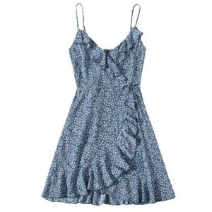 Dusty Blue Floral Ruffle Trim Wrap Dress Size S